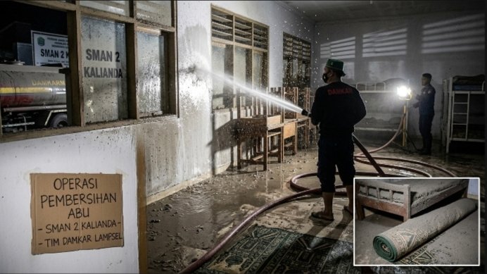 Abu Vulkanik Erupsi Gunung Anak Krakatau Selimuti Sman 2 Kalianda, Damkarmat Terjunkan Armada Pembersihan