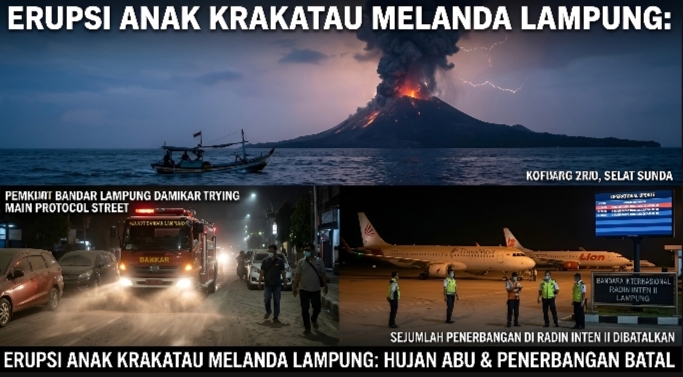 Erupsi Gunung Anak Krakatau Landa Lampung, Hujan Abu Turun, Penerbangan Di Radin Inten Ii Dibatalkan