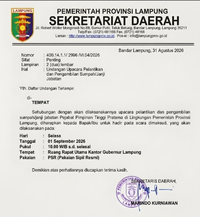 Gubernur Mirza Kembali Rotasi 4 Pejabat Eselon Ii Pemprov Lampung
