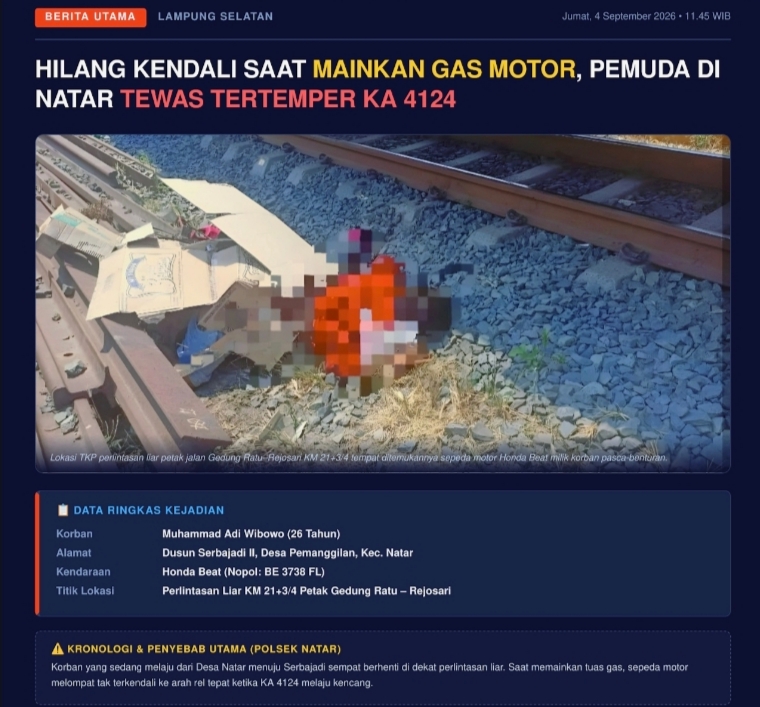 Hilang Kendali Saat Mainkan Gas Motor, Pemuda Di Natar Tewas Tertemper Ka 4124