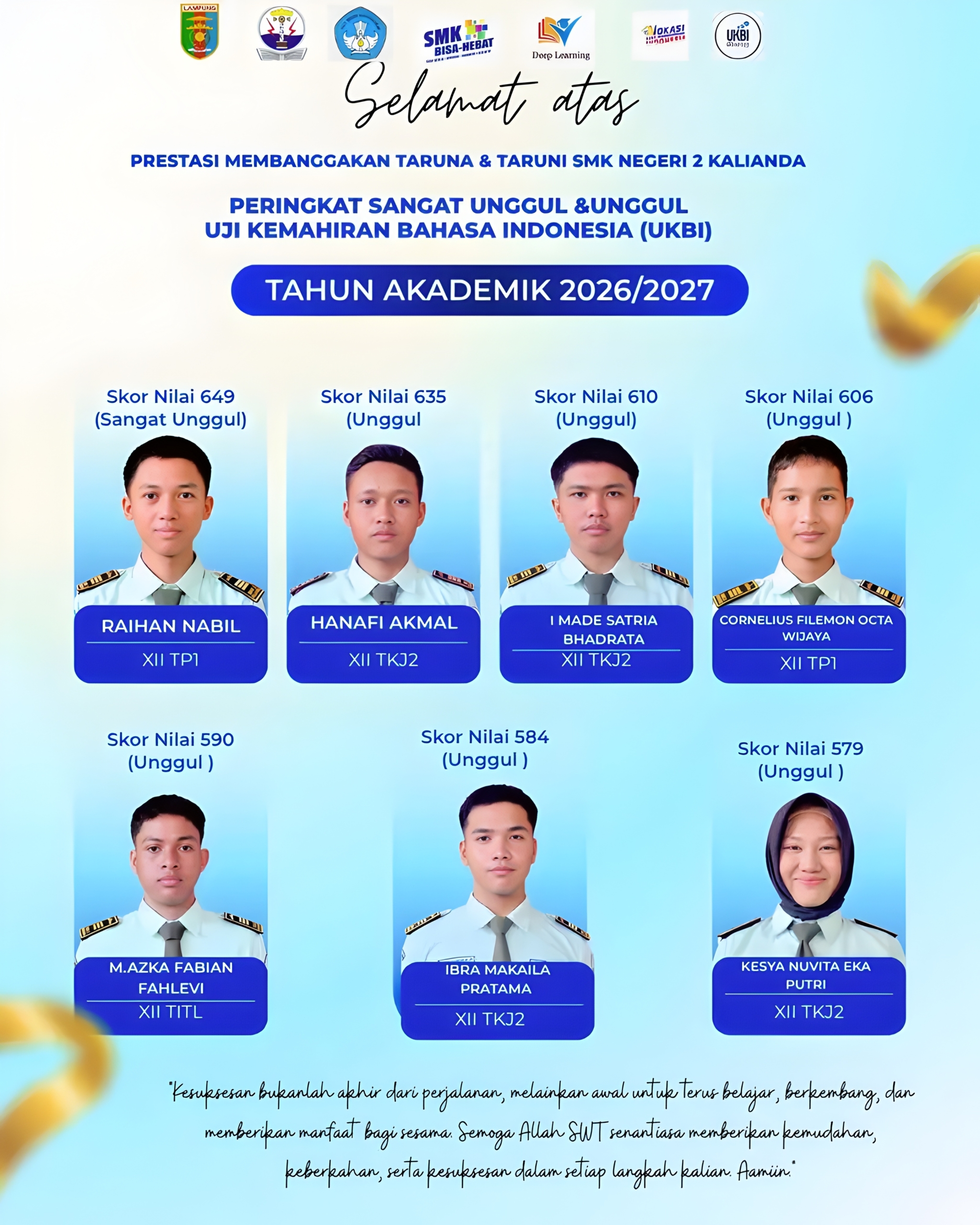 Membanggakan! 8 Taruna-Taruni Smkn 2 Kalianda Raih Predikat Sangat Unggul Dan Unggul Pada Ukbi 2026/2027