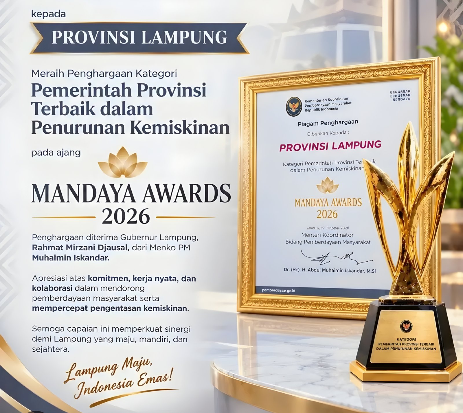 Raih Mandaya Award 2026, Gubernur Rahmat Mirzani Djausal Bawa Lampung Jadi Provinsi Terbaik Penurunan Kemiskinan